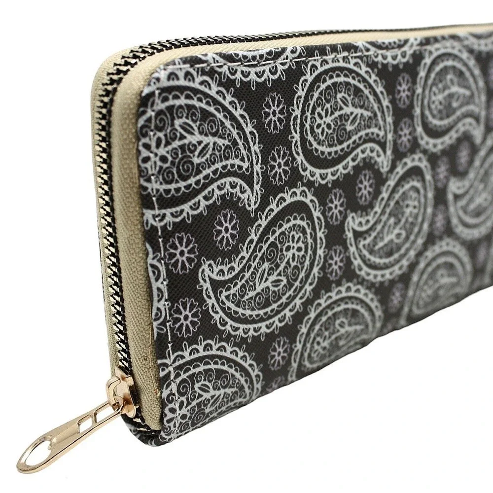 Black White Paisley Print Zip Wallet Clutch Easy to Hold & Carry 8 x4